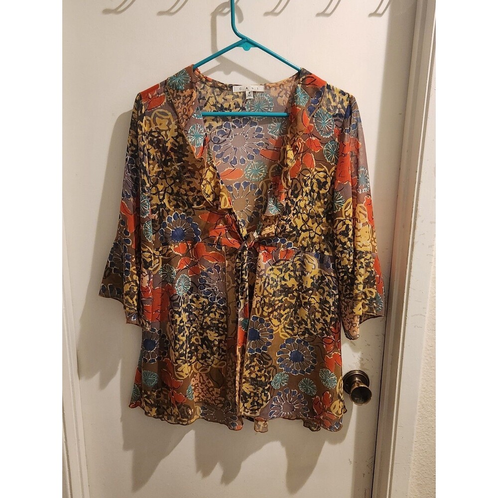 CABI Women's Small Shakespeare Ruffle Top Tunic Floral Tie Front‎ Semi Sheer Top